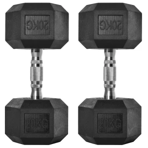 HOMCOM 2x20kg Hexagonal Rubber Dumbbells, Portable Hand Weights for Home Gym Fitness Workouts, Black