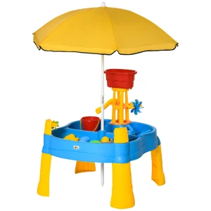 HOMCOM Sand and Water Play Table with Accessories and Adjustable Parasol, Multicoloured, for Outdoor Fun