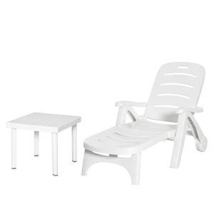 Outsunny 2pcs Garden Furniture Set Outdoor Furniture Set Dining Table, 1 Lounge Chair and 1 Garden Side Table White