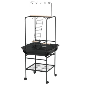 PawHut Bird Feeding Station, Steel Table with Perches and Stainless Steel Bowls, Tray for Outdoor Use, Dark Grey