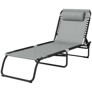 Outsunny Folding Sun Lounger Beach Chaise Chair Garden Cot Camping Recliner with 4 Position Adjustable Light Grey