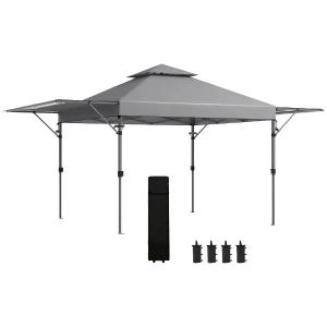 Outsunny 5 x 3(m) Pop Up Gazebo with Extend Dual Awnings, 1 Person Easy up Marquee Party Tent with 1-Button Push, Double Roof, Sandbags,