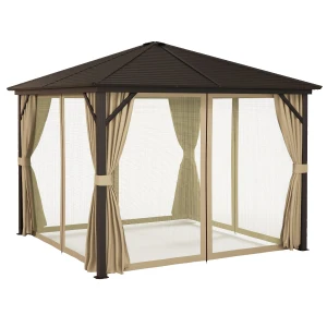 Outsunny 3 x 3 m Garden Gazebo with Netting and Curtains, Hard Top Gazebo Canopy Shelter w/ Metal Roof, Aluminium Frame, for Garden, Lawn