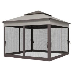 Outsunny 3 x 3(m) Pop Up Gazebo, Double-roof Garden Tent with Netting and Carry Bag, Party Event Shelter for Outdoor Patio, Light Grey
