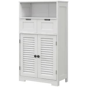 Kleankin Louvred Door Bathroom Storage Unit, Floor Cabinet with Drawers, Open Shelf, Adjustable Shelf, White