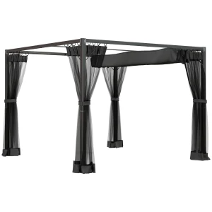 Outsunny 3 x 3 m Retractable Pergola, Garden Gazebo Shelter with Nettings, for Grill, Patio, Deck, Dark Grey
