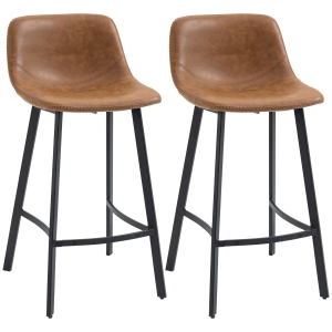 HOMCOM Bar Stools Set of 2 - Industrial Kitchen Stool, Upholstered Bar Chairs with Back, Steel Legs, Brown