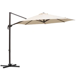 Outsunny Banana Parasol 3M Cantilever Umbrella with Cross Base, Aluminium Frame, 360Â° Rotation, Hand Crank, Beige