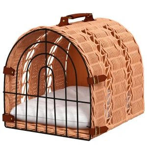 PawHut Rattan Cat Transport Basket, Cosy Kitten Bed with Soft Pillow, Portable Pet Hideaway, 37 x 28 x 29 cm, Orange