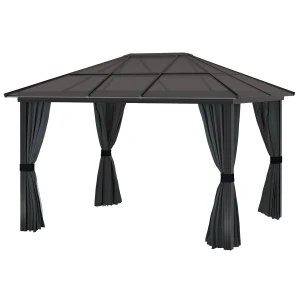 Outsunny 3 x 4m Hard Top Gazebo Garden Pavilion with Netting and Curtains, Polycarbonate Roof and Aluminium Frame