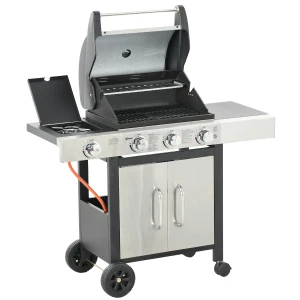 Outsunny Gas Barbecue Grill 3+1 Burner Garden Smoker BBQ Trolley w/ Side Burner Warming Rack Side Shelves Piezo Ignition Thermometer