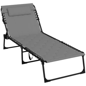 Outsunny Foldable Sun Lounger with 5-level Reclining Back, Outdoor Tanning Chair w/ Padded Seat, Outdoor Sun Lounger with Side Pocket