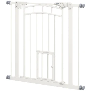 PawHut Safety Pet Gate, Pressure Fit Stair Gate with Cat Door, Auto Close, Double Lock, 74-80cm, White