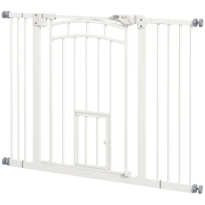 PawHut Stair Dog Gate with Cat Door, Pressure Fit, Auto Close, Double Lock, 74-100cm Openings, White