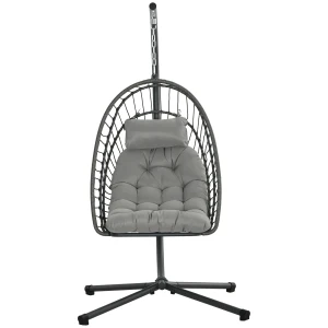 Outsunny Outdoor PE Rattan Swing Chair with Thick Padded Cushion, Foldable Basket Patio Hanging Chair with Metal Stand, Headrest
