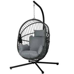 Outsunny Outdoor Swing Chair with Thick Padded Cushion, Patio Hanging Chair with Metal Stand, Foldable Basket, Cup Holder, Rope Structure