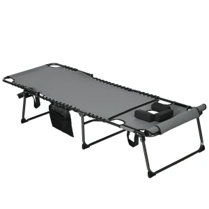 Outsunny Folding Sun Lounger w/ 5-level Reclining Back, Tanning Chair w/ Reading Hole, Outdoor Sun Lounger with Side Pocket, Headrest