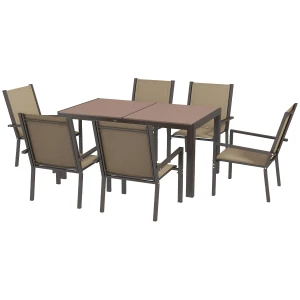 Outsunny 7 Pieces Garden Dining Set with Wood-plastic Composite Dining Table, Outdoor Table and 6 Stackable Armchairs with Texteline Seat