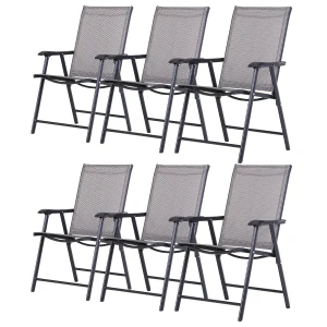 Outsunny Folding Garden Chairs Set of 6, Metal Frame, Outdoor Patio Park Dining Seat, Breathable Mesh Seat, Grey.