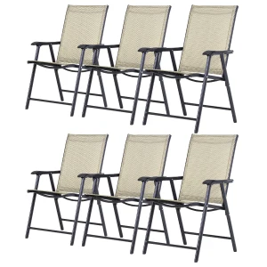 Outsunny Set of 6 Folding Garden Chairs, Metal Frame with Breathable Mesh Seat, Outdoor Patio Dining Chair, Beige