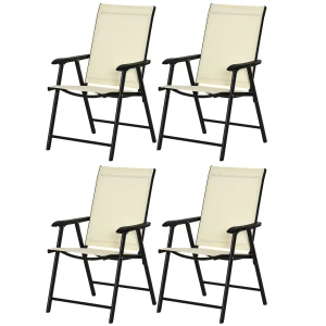 Outsunny Set of 4 Folding Garden Chairs, Metal Frame with Breathable Mesh Seat, Outdoor Patio Dining Chair, Beige