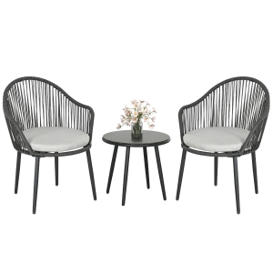 Outsunny Set Bistro de Terasă din 3 Piese, Set de Mobilier din Rachiță cu 2 Fotolii și Masă de Sticlă, 65x63x80 cm, Gri