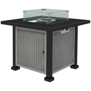 Outsunny Square Gas Fire Pit Table, Rattan Smokeless Fire Pit with Glass Screen and Beads, Lid, 50000 BTU, 81x81x64cm, Grey