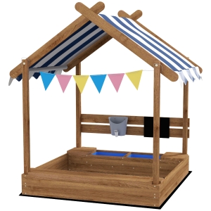 Outsunny Zandbak met dak, speelhuisontwerp, met speelgoedset, dennenhout, 124x116x146cm, bruin