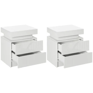 HOMCOM White Bedside Table with LED Light, High Gloss Front Nightstand with 2 Drawers, for Living Room, Bedroom