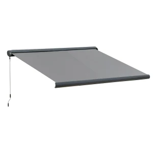 Outsunny Retractable Manual Awning Cassette Electric Motorised Door Window Patio Canopy Sun Shade w/ R/C & LED, 350 x 300cm, Grey