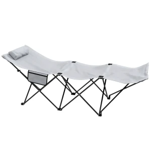 Outsunny Portable Sun Lounger, Foldable Outdoor Sunbed with Side Pocket, Headrest, Oxford Fabric, Light Grey