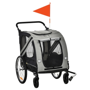 PawHut Reboque de Bicicleta para Cães 2 em 1 Transporte para Animais de Estimação com Porta Enrolável Janelas Cinto de Segurança Bandeira e 6 Refletores 140x72,5x108 cm Cinza