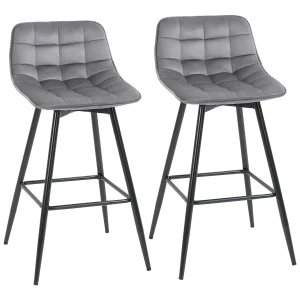 HOMCOM Set of 2 Bar stools With Backs Velvet-Touch Dining Chairs Kitchen Counter Chairs  Fabric Upholstered seat with Metal Legs, Backrest, Grey