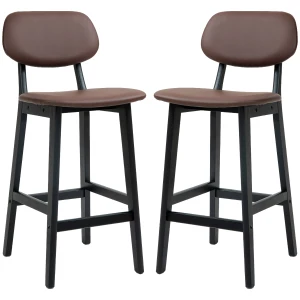 HOMCOM Bar Stools Set of 2, Modern Breakfast Bar Chairs, Faux Leather Upholstered Kitchen Stools with Backs and Wood Legs, Brown
