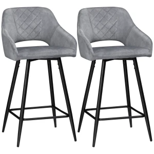HOMCOM Set of 2 Bar stools With Backs, Velvet-Touch Fabric Counter Height Bar Chairs, Kitchen Stools with Steel Legs for Dining Area, Grey