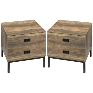 HOMCOM Retro Bedside Table with 2 Drawers, End Side Table, Metal Frame for Bedroom, Living Room, Set of 2, Coffee