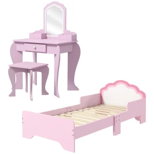 ZONEKIZ Cloud-Design Wooden Bedroom Furniture Set for Kids, Includes Dressing Table, Stool, Bed, 3-6 Years