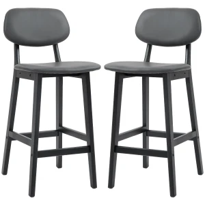 HOMCOM Bar Stools Set of 2, Modern Breakfast Bar Chairs, Faux Leather Upholstered Kitchen Stools with Backs and Wood Legs, Dark Grey