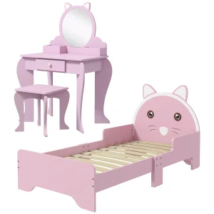 ZONEKIZ Wooden Children's Bedroom Set with Dressing Table, Stool, Bed, Cat Motif for Ages 3-6, Multicolour