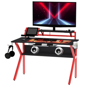 HOMCOM Gaming Desk Computer Table Stable Metal Frame Adjustable Feet w/ Cup Holder Headphone Hook, Cable Basket - Red