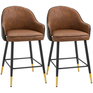 HOMCOM Modern Bar Stools Set of 2, Upholstered PU Leather Kitchen Stool, Bar Chairs with Tufted Back Steel Legs, Brown
