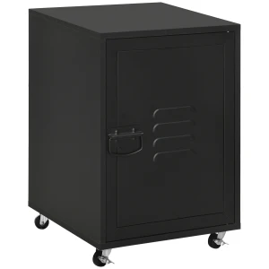 HOMCOM Mobile Bedside Cabinet Industrial Style, Rolling End Table with Metal Door, Adjustable Shelf & Wheels for Bedroom, Office Storage, Black