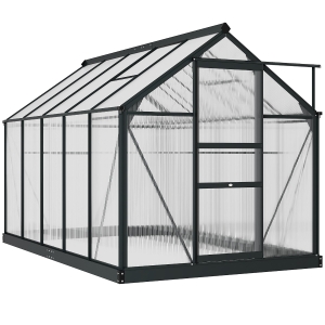 Outsunny 6 x 10ft Polycarbonate Greenhouse, Large Walk-In Green House with Slide Door and Window, Garden Plants Grow House with Aluminium Frame and Foundation, Grey