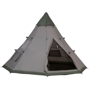 Outsunny 6 Men Tipi Tent, Camping Teepee Family Tent w/ Mesh Windows Zipped Door Carry Bag, Easy Set Up for Hiking Picnics Outdoor Night, Green, Grey