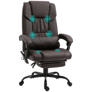 Vinsetto PU Leather Massage Office Chair, 6-Point with Swivel Wheels, Reclining with Footrest and Remote, Brown