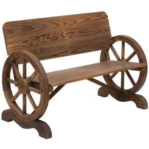 Ławka ogrodowa Outsunny z podłokietnikami, ławeczka z kołami od wozu, mebel ogrodowy, ławka rustykalna, lite drewno, kolor brązowy, 114 x 58 x 80 cm mebel ogrodowy podłokietnik koło od wozu lite drewno kolor brązowy