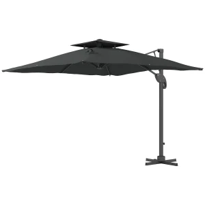 Outsunny Garden Parasol, 3(m) Cantilever Parasol with Hydraulic Mechanism, Dual Vented Top, 8 Ribs, Cross Base, Grey