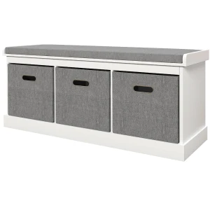 HOMCOM Shoe Bench with Seat, Shoe Storage Bench with Cushion and 3 Fabric Drawers for Entryway, Hallway, Living Room, Bedroom, White