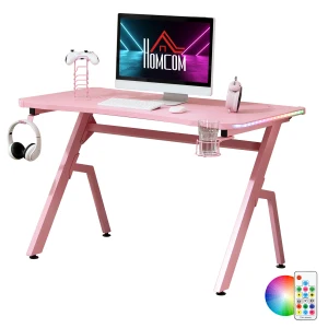 HOMCOM Gaming Desk Racing Style Home Office Ergonomic Computer Table Workstation with RGB LED Lights, Controller Rack & Cable Management, Pink