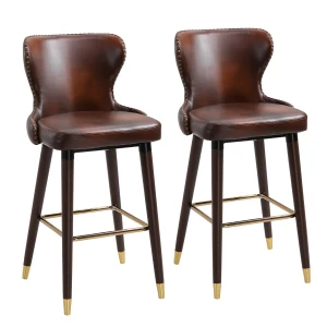 HOMCOM Set of 2 PU Leather Vintage Counter-Height Bar Chair, Home Luxury European Style Bar Stool Kitchen Counter with Back, Brown and Golden